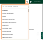 Shows a dropdown menu with a search bar labeled 'Jump to page... (Cmd + K)' and a list of Instacart Platform Portal pages and tools.
