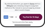 Shows a checkout section with a terms notice, a selected AMEX card ending in 1234, and a button labeled Try free for 14 days above a service-fees note.