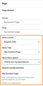 Shows a page details editor with fields for the name, slug, meta locale, meta title, and meta description, along with a search results preview displaying entered content.