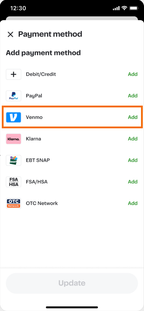 Shows the available payment methods during order checkout. The Venmo payment method is highlighted.