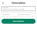 Shows a Choose address form with fields for street address, optional apartment and business details, and a prominent green Save Address button.