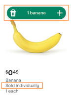 Shows a banana item tile with 1 banana in the quantity icon and Sold individually below the product name.