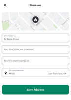 Shows a form titled Stores near with a map, fields for street address, optional apartment or business name, and a required ZIP code. A Save Address button is below.