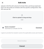 Shows the Bulk invite dialog with a drag-and-drop upload area for a CSV file, an option to download a sample CSV template, and a Send invites button.