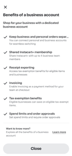Shows a list of benefits for a business account, including order separation, shared membership, receipt exporting, invoicing, tax benefits, and spend limits.