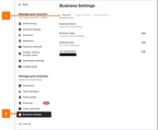 Shows the Business Settings page with the General tab selected. There are editable fields for Business Name, Business Type, Business Size, and Tax ID.