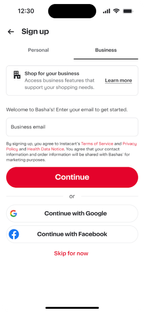 Shows a sign-up page with options for Personal or Business. Includes a business section description, a business email input field, a Continue button, alternate sign-in options, and a Skip for now link.