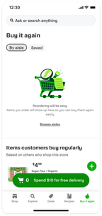 Shows the Buy it again collection without any items. The Items customers buy regularly experience appears below the Buy it again collection and displays items other customers frequently repurchase.