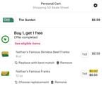 Shows an image of two items in a cart with buy one, get one free offer. Nathan's Famous Skinless Beef Franks are listed at $6.59, and Nathan's Famous Skinless Beef Franks are listed at $0.00.