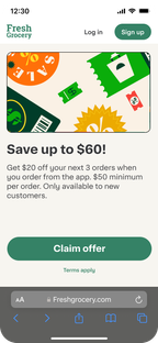 Shows a landing page with the offer and a button to claim the offer.