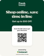 Shows an in-store marketing poster with a QR code and the Shop online, save time in line. Get up to $50 Off incentive.