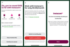 Shows three screens for canceling an Instacart+ membership, including savings summary, options to switch to a monthly plan, and cancellation confirmation.