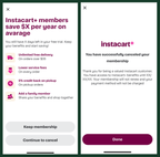 Shows three screens for canceling an Instacart+ trial membership, highlighting benefits, a confirmation prompt for cancellation, and a final cancellation acknowledgment.