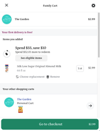 Shows a family cart screen with one item and a personal cart with one item. A green button for checkout is visible.