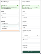 Shows the content page scheduling options in the Page Settings configuration.
