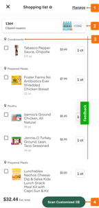 Shows a shopping list.