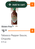 Shows an item tile on mobile web. Callout number 1 points to the Add to cart button. Callout number 2 points to the online price of $5.29.