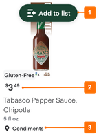 Shows an item tile on mobile web. Callout number 1 points to the Add to list button. Callout number 2 points to the in-store price of $3.49. Callout number 3 points to the product location, which shows the Condiments aisle.