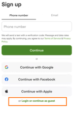 Shows a Sign up screen with options to input a phone number or select the Email tab, click a green Continue button after agreeing to the Terms of Service and Privacy Policy, sign up via social platforms (Google, Facebook, or Apple), and Login or continue as guest (in green text, highlighted in an orange box).