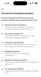 Shows a page detailing the benefits of converting to a business account, including smooth transitions, team management, shared membership, receipt exporting, access to business suppliers, and tax exemption benefits.
