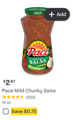 Shows an item tile with a checkbox that a customer can clip to save $0.75 off a jar of salsa.