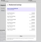 Shows the coupon history list with redeemed coupons, including the redemption date, amount saved, and a link to the related order for each entry.