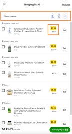 Shows the in-store list with the Clipped coupon button and the discounted price highlighted with an orange box.