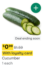 Shows an item tile for cucumbers, which are on sale in the weekly flyer. The green plus button is displayed to add the item. Text appears to show that the offer expires soon.