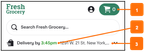 Shows the storefront header on mobile web with the Delivery shopping context selected. Callout number 1 points to the cart button that includes a shopping cart icon. Callout number 2 points to the earliest available time slot for delivery. Callout number 3 points to the delivery address.