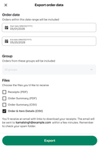 Shows an Export order data page with fields to specify a start and end date, checkboxes to select file types (PDF or CSV), and an Export data button.
