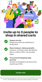 Shows an invitation to add up to 3 people for family carts. Features include adding items, Instacart+ delivery benefits, and personal shopping options. Includes an Invite now button.