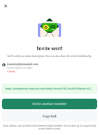 Shows a confirmation of an invitation sent to kamalsingh@example.com, with options to cancel or copy the invite link. The invite expires in 7 days. There is an Invite another member button.