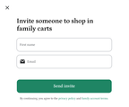 Shows a form to invite someone to shop in family carts with fields for first name and email, and a green Send invite button.