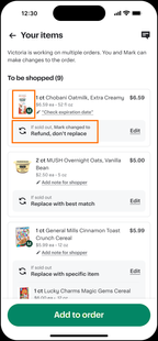 Shows the Your items page with a list of items to be shopped. One item displays a member avatar and a replacement preference set by a family member, highlighted in orange.