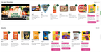 Shows a grocery store page highlighting products in two sections: 'In store favorites' and 'Snacks.' The top section includes a looping video showcasing fresh groceries and displays items such as hot dogs, blue cheese, chicken thighs, and deli meat, with prices and an option to shop. The 'Snacks' section lists various snack items like Sun Chips, banana chips, and Lunchables, with tags indicating categories like heart-healthy or gluten-free, along with promotional offers.