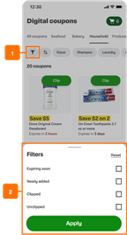 Shows a digital coupons page with the filter button and open filters panel highlighted, with numbered callouts identifying the two highlighted areas.