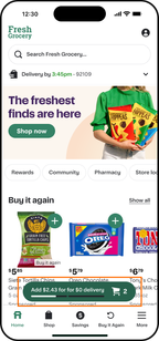 Shows a grocery app home screen with a banner ad at the top, category buttons below it, and a Buy it again section displaying previously purchased items.