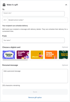 Shows the gifting section, which contains the To and From fields, the Choose a digital card option, and the Personal message field.