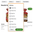 Shows a filtering menu for dietary preferences, including options like Gluten Free, Wheat Free, Egg Free, Soy Free, Whole Grain, Keto, Peanut Free, and Lactose Free.