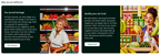 Shows two card sections titled Our proud heritage and Quality you can trust, featuring smiling individuals in grocery settings with colorful produce in the background. Each card features an image, text, and button.