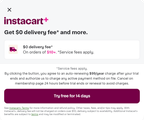 Shows an Instacart+ promo with $0 delivery on $10+ orders, service-fee notes, and a button to start a 14-day free trial.
