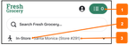 Shows the storefront header on mobile web with the In-Store shopping context selected. Callout number 1 points to the cart button that includes a shopping list icon. Callout number 2 indicates the in-store context. Callout number 3 points to the store address and store name.