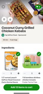 Shows a sponsored recipe ad for Coconut Curry Grilled Chicken Kebabs by Saffron Road, with shoppable ingredients and an Add items to cart button.