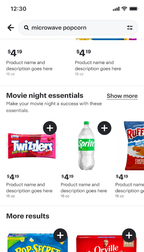 Shows the search results page for microwave popcorn, highlighting Movie night essentials which includes products like Twizzlers, Sprite, and Ruffles.