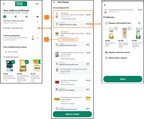 Shows an order confirmation page highlighting 2 items running low. The second screen lists items with replacement preferences, and the third screen allows selecting replacements or opting for no replacement.
