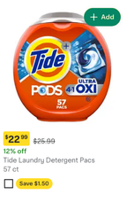 Shows an item tile for laundry detergent 57 pods with a highlighted sale price of $22.99, a strikethrough original price of $25.99, a 12% off label, and a Save $1.50 coupon pill.