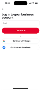Shows a Log in to your business account page with an email input field, a red Continue button, and options to log in with Google or Facebook.