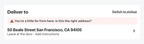 Shows an Instacart delivery address card showing 50 Beale Street San Francisco, CA 94105 with a warning that the address is far from the store.