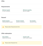 Shows the Offer dialog with the message Please select Requirements first under Rewards and the message Please select Rewards first under Offer redemption.