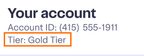Shows the customer account section showing a highlighted Tier: Gold Tier label below the account ID